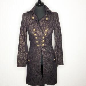 Bebe dark purple gold floral brocade military Victorian long coat size Medium